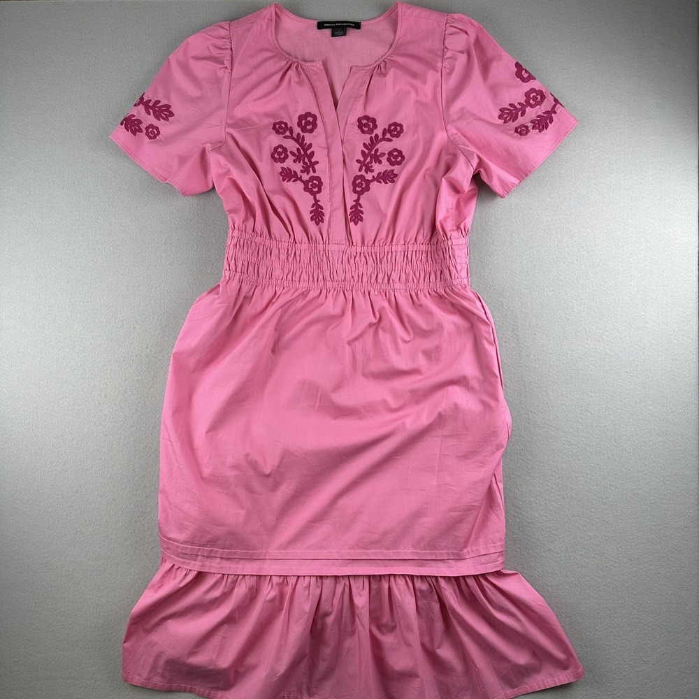 French Connection Pink Embroidered Cotton Midi Dress Large Boho Peasant Resort - Picture 1 of 11